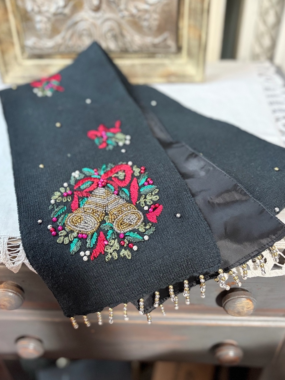 Vintage Christmas Bells Embroidered Beaded Scarf